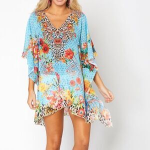 Ranee’s NWT M Blue Resortwear Beach Flowy Beaded Léopard Parrot Print Swim Cover